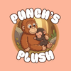 Illustration baby monkey punch with 'Punch's Plush' text on a peach background holding orang utan soft toy